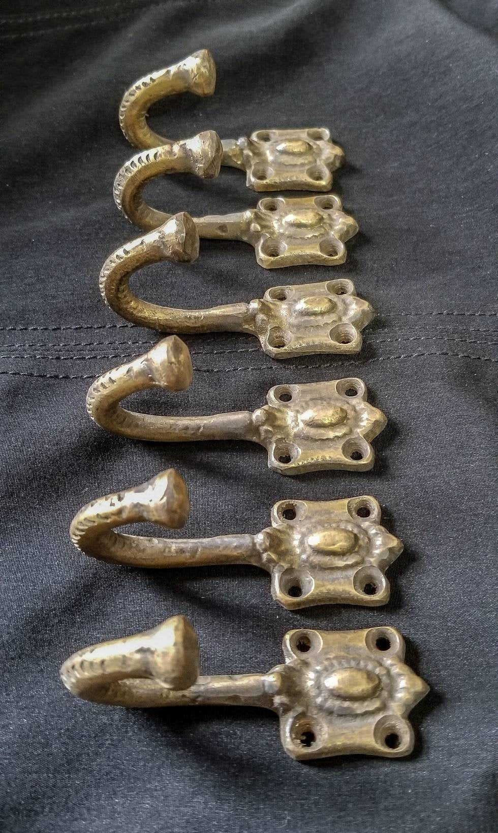 6 Ornate Vintage style .Single Coat Hat Hooks, towel holder, kitchen, bathroom. Solid Brass #C4