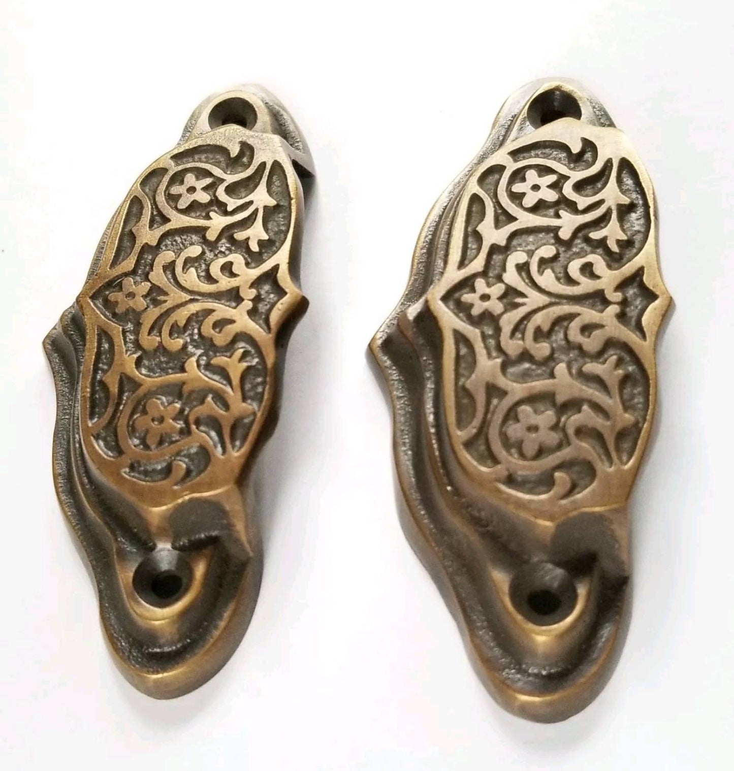 2 Solid Brass Antique Style Victorian, Art Nouveau Apothecary Bin Pull Handles 3-9/16" wide #A4