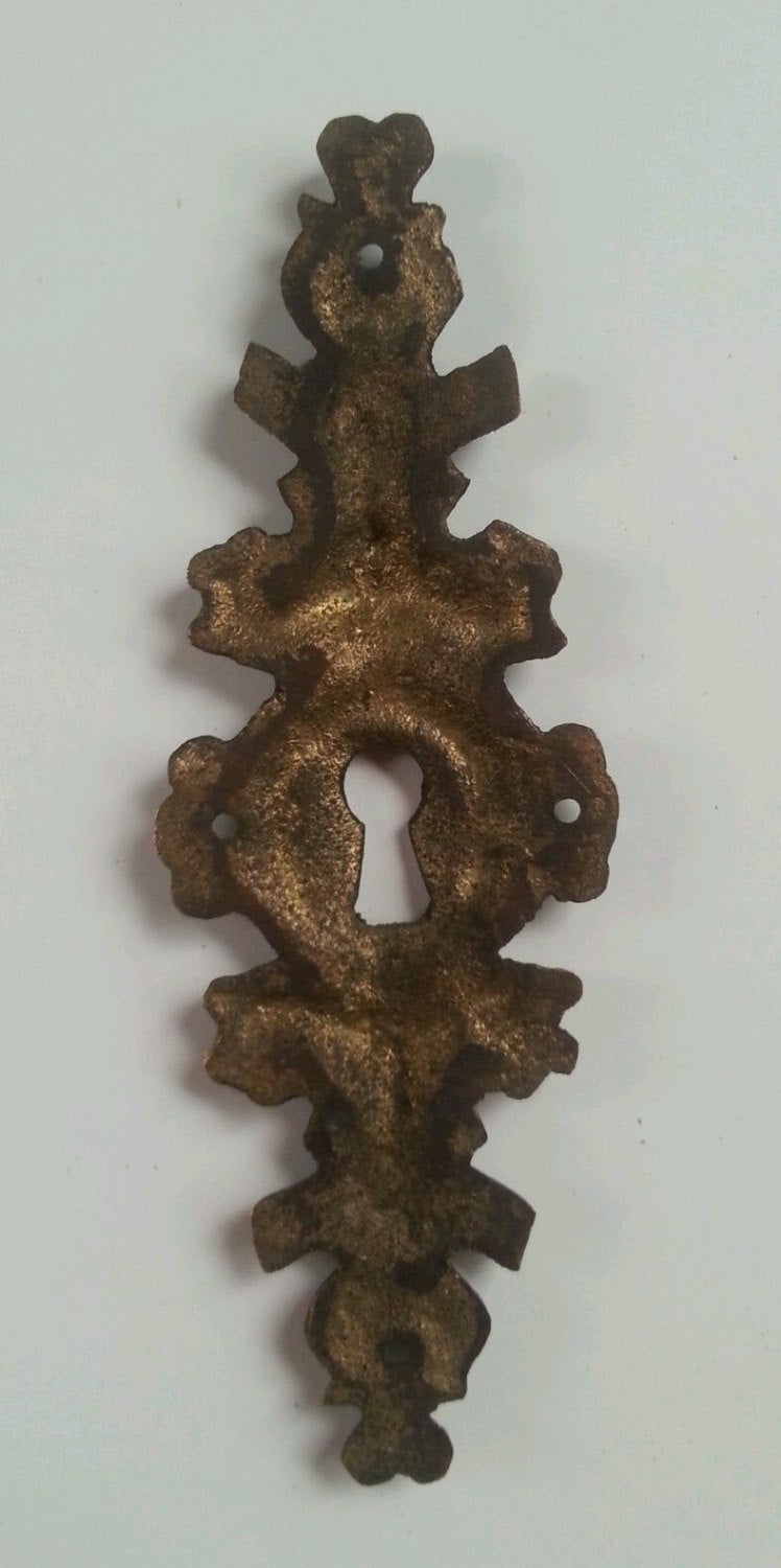 4 Large 4" Elongated Ornate Brass Keyhole Escutcheons Jewelry Component #E19