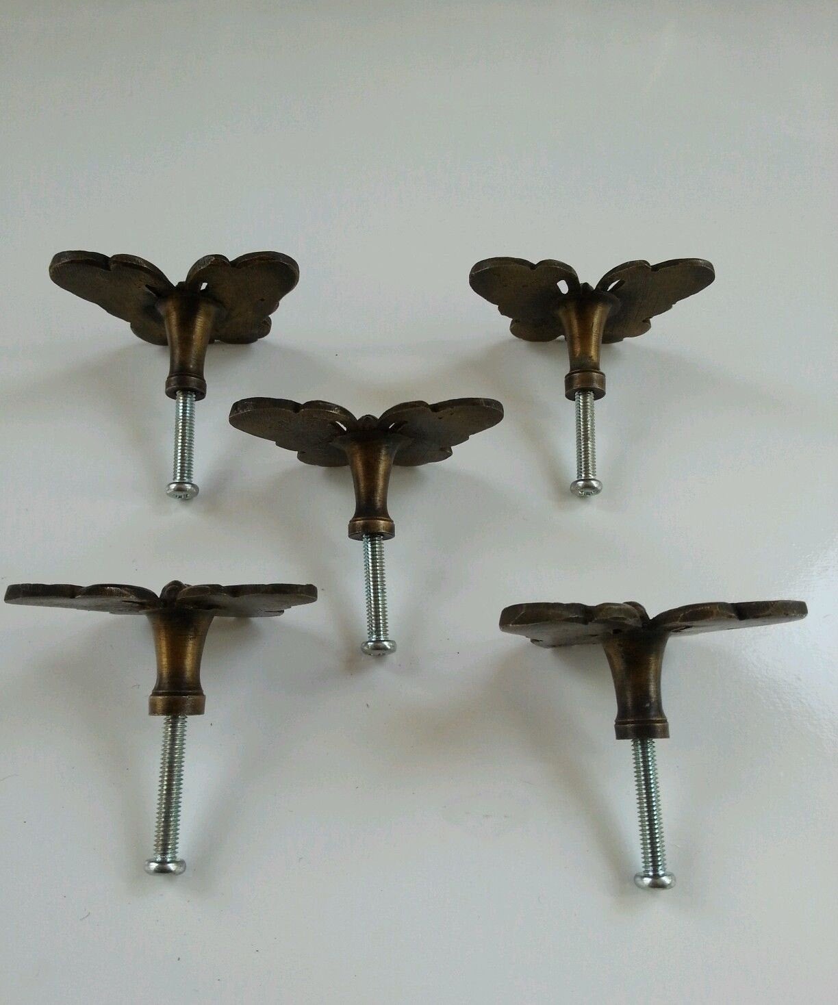 5 Butterfly Cabinet Drawer Door Knoby, Pulls, Handles, Solid Brass 1 7/8"w #Z13