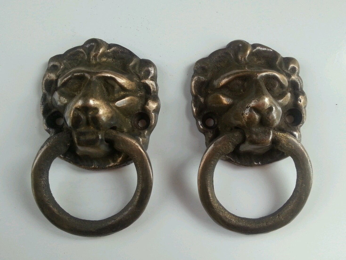 2 Solid Brass Ornate Lion Head ring drawer pulls handles 1 7/8"w x 3"t doorknocker #H12