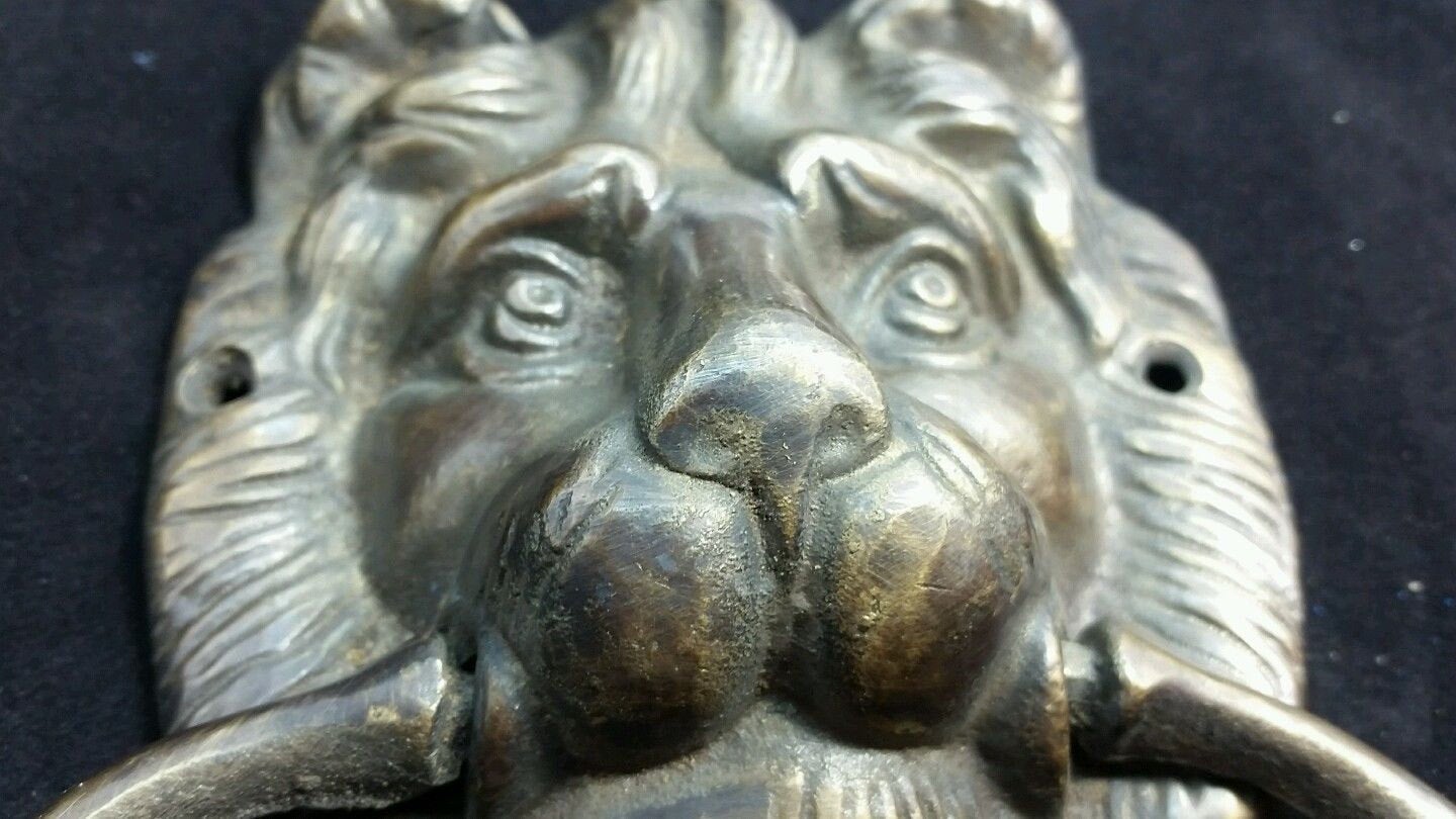 Large Unique Antique Vintage Style Brass Lion Head Door Knocker, Towel Ring Holder 6 1/2" long #D2