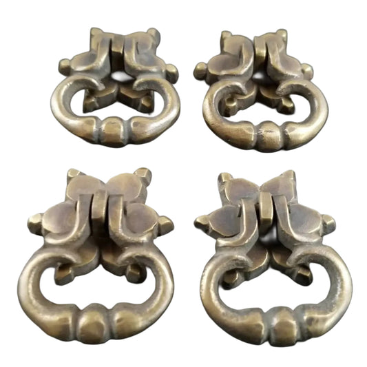 4 Small Ornate Drop Ring Drawer Pulls Handles Hardware in Solid Brass w. Star Floral back Plate #H14