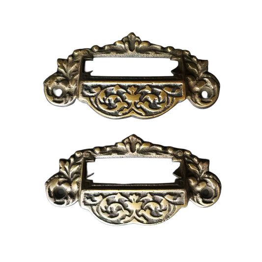 2 vintage antique brass Victorian Apothecary Bin Pull Handles with label holder slot 4-3/4" wide #A7