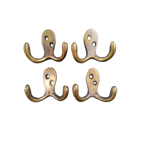 Set of 4 Small double Coat Hat Hooks Solid Brass 2 1/2" wide #C1