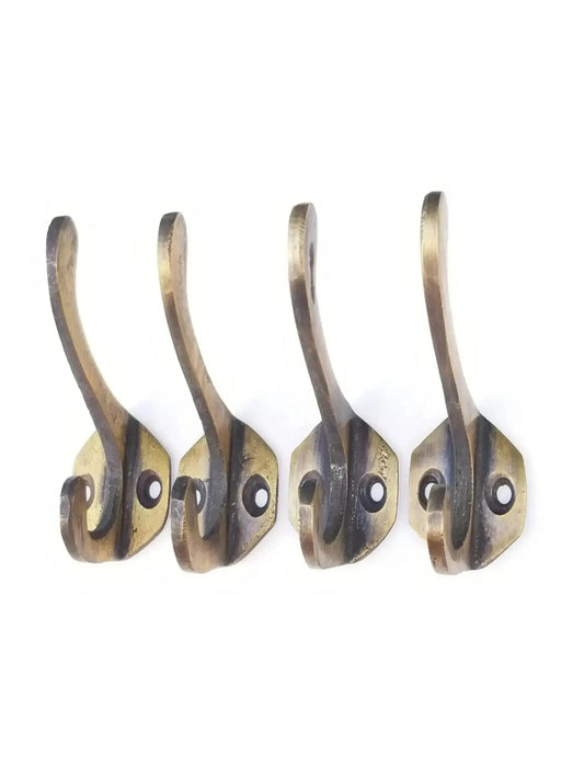4 Antique Vintage Solid Brass Coat, Hat, Towel Double Hooks with 6 sided backplate 2 1/4" long #C3