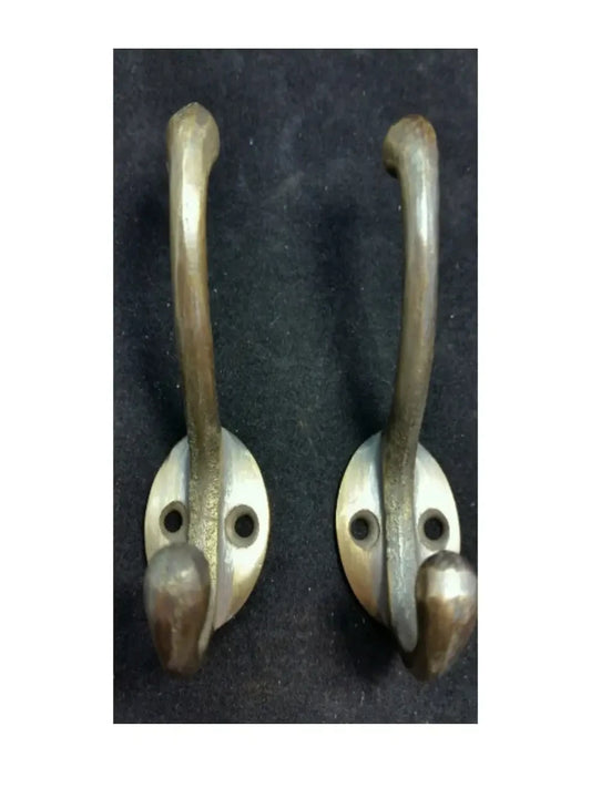 2 Solid Antique Brass Double Coat Hooks w. Oval Backplate 3" x 2" #C9