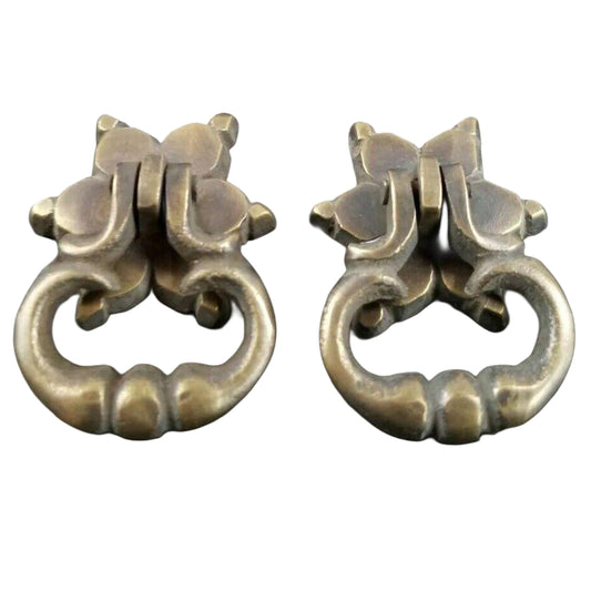 2 x Small Brass Handle Pulls, Ornate Drop Ring, Rosette Backplate 1-1/4" #H14