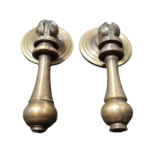 2 Antique Tear Drop Pendant Handle Pulls Knobs w. screws 1 1/8" round Backplate #H3