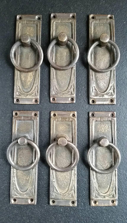 6 x Ornate Brass Ring Pull Handles w. Acanthus Leaf design vertical.Antique style.Unlaquered.                                 3 3/4"   #H36