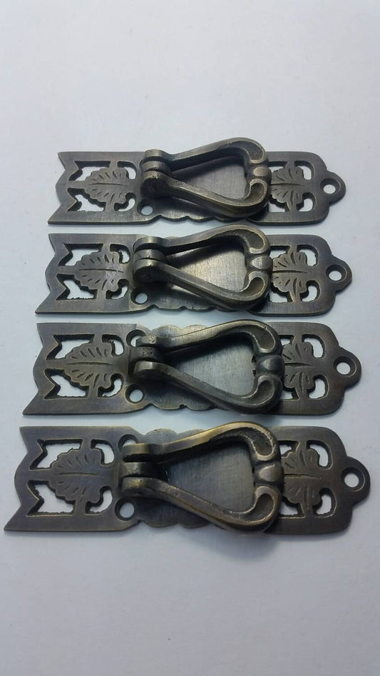 4 x Vertical Handles w. Ring Pull Leaf Design Arts and Crafts 3 3/8" #H21