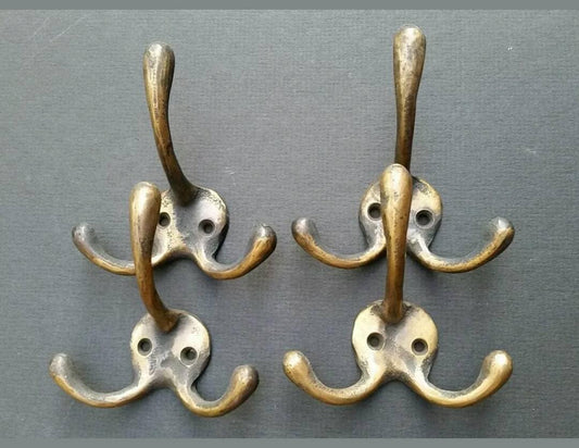 Set of 4 antique style tarnished solid brass triple Coat Hat Towel Hooks Solid Brass Bathroom Kitchen Clothes, Coat hook 3-3/8" tall .#C2.