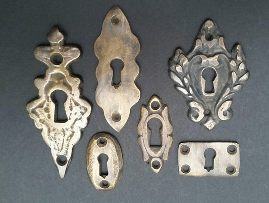 Sets of 6 Various Vintage Antique Style Eschutcheons, Key Hole Covers Ornate Solid Brass approx 1-3" tall jewelry component #E