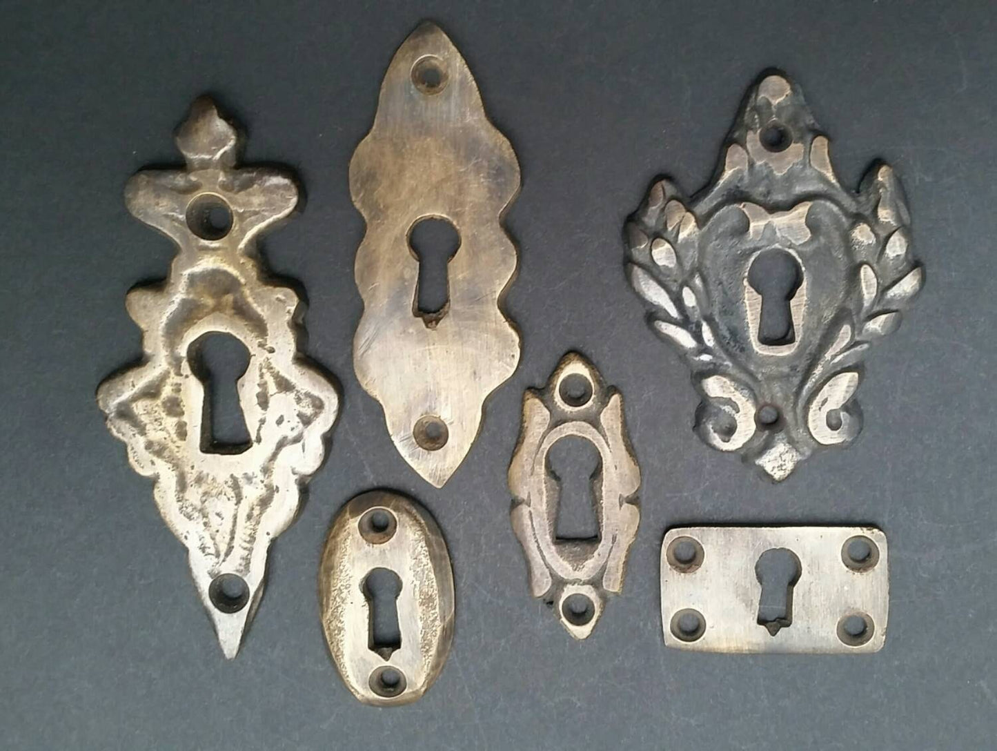 6 Various Vintage Antique Style Eschutcheons,Doors and locks,Padlock locks keys, Ornate Solid Brass approx 1-3" tall jewelry component #E