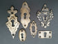 6 Various Vintage Antique Style Eschutcheons,Doors and locks,Padlock locks keys, Ornate Solid Brass approx 1-3" tall jewelry component #E