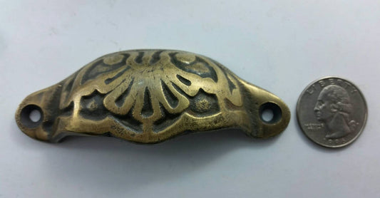 8 x Apothecary Cabinet Drawer Bin Pull Handles Solid Ornate Brass with 3" cntr (3-9/16" wide).Unlaquered. #A2