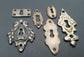 6 Various Vintage Antique Style Eschutcheons,Doors and locks,Padlock locks keys, Ornate Solid Brass approx 1-3" tall jewelry component #E