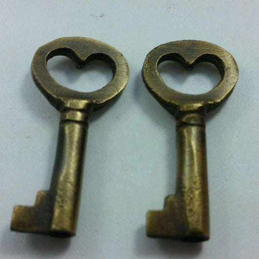 Two Unique Small Antique Vintage Style Brass Heart, Love, Commitment Skeleton Key to my Heart,Jewelry component unlaquered 1-13/16" long #L6