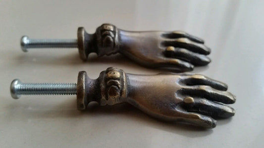 2 x Brass ANTIQUE Vtg. style figural LADIE'S dainty hands Cabinet Drawer Knob Pull Handle 2".unlaquered. #K12