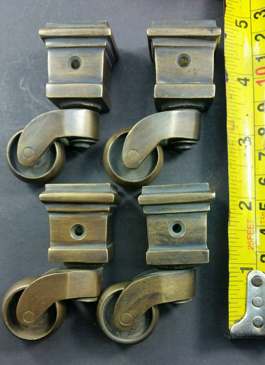 Set of 4 Vintage style Solid Brass Strong Furniture Swivel Caster Wheels w Brass Square Leg Cap Industrial, Antique Style 3/4" opening . #W1