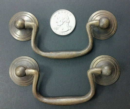 4 x Antique style Solid Brass Swan Neck Bails Cabinet Drawer Pull handles w Bolts approx. 3"cntr.Unlaquered. #H39