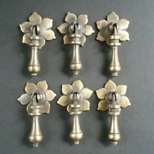 6 x Antique Style Solid Brass Tear Drop Pendant Handles Pulls Knobs w. screws 2 1/2" long with 1 3/8" dia. Floral Backplate Unlaquered. #H4