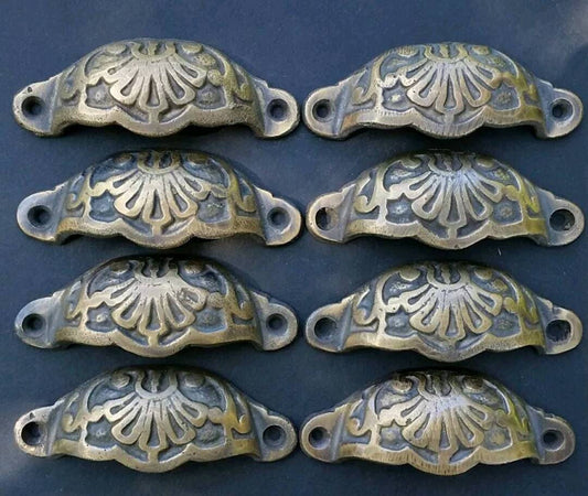 8 x Apothecary Cabinet Drawer Bin Pull Handles Solid Ornate Brass with 3" cntr (3-9/16" wide).Unlaquered. #A2