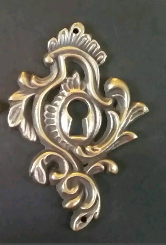 2 Antique Style Brass French Provincial, Louis XIV, Rococo, Keyhole Cover, Escutcheon Hardware Ornate Fancy Keyhole Escutcheon 3" x 2" #E7.