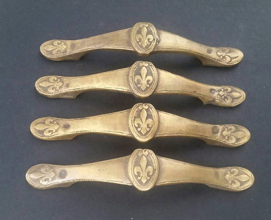 4 x Antique Vintage Style French Fleur de Lis solid brass handles, drawer pulls, furniture hardware 5-5/8" long w. bolts,hand made #P3