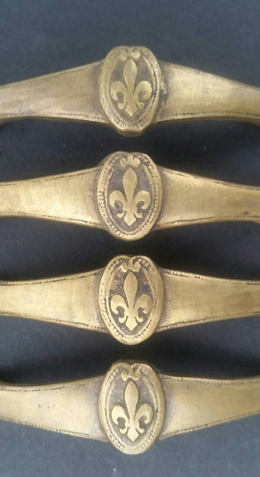4 x Antique Vintage Style French Fleur de Lis solid brass handles, drawer pulls, furniture hardware  5-5/8" long w. bolts,hand made #P3