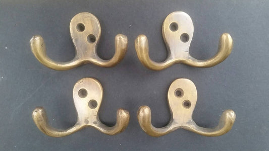 Set of 4 Small Antique Style Double Coat Hat Hooks Solid Brass approx 2-1/2" wide. Unlaquered. #C1