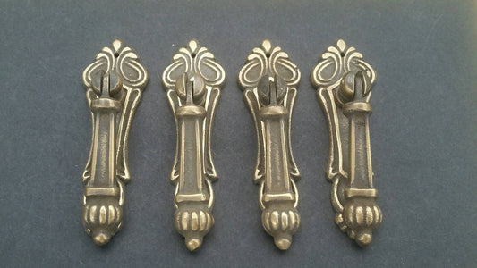 4 x Antique Vintage style Brass Ornate Pull Handles 3-1/4" long Victorian Teardrop #H7
