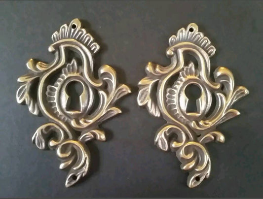 2 Antique Style Brass French Provincial, Louis XIV, Rococo, Keyhole Cover, Escutcheon Hardware Ornate Fancy Keyhole Escutcheon 3" x 2" #E7.