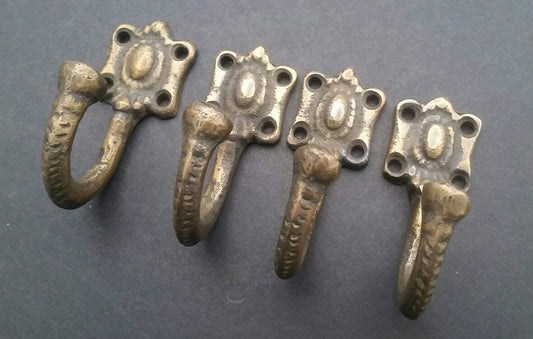 4 x Ornate Antique Vintage Style Single Coat Hat towel Hooks, Hangers approx. 2-1/2" in Solid Brass.Unlaquered.Kitchen,Hallway,Bedroom #C4.