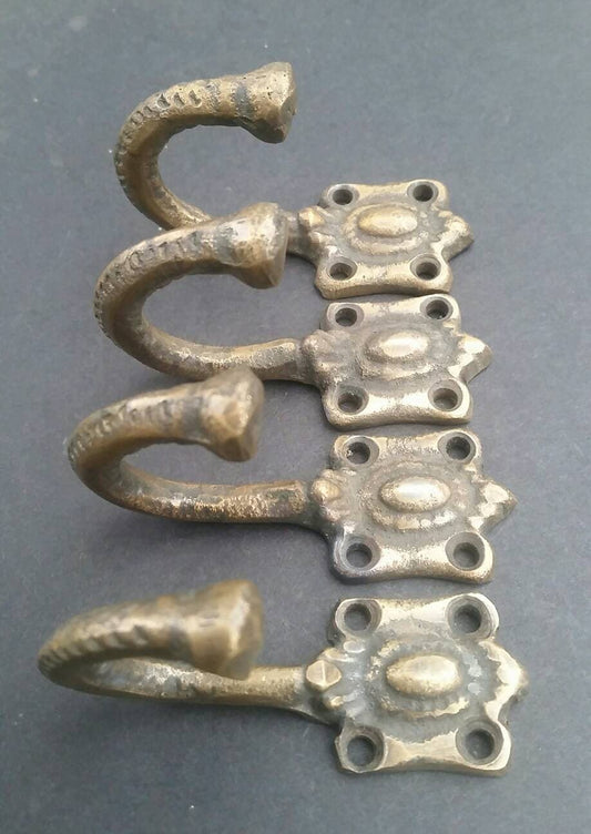 4 x Ornate Antique Vintage Style Single Coat Hat towel Hooks, Hangers approx. 2-1/2" in Solid Brass.Unlaquered.Kitchen,Hallway,Bedroom #C4.