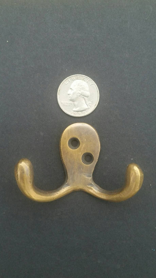 Set of 4 Small Antique Style Double Coat Hat Hooks Solid Brass approx 2-1/2" wide. Unlaquered. #C1