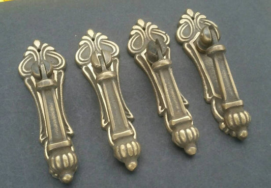 4 x Antique Vintage style Brass Ornate Pull Handles 3-1/4" long Victorian Teardrop #H7