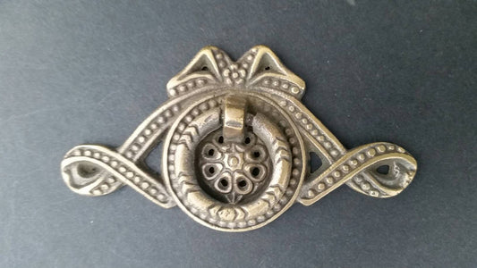 Antique Vintage Ornate Ribbon and Bow Brass Handle Pulls 3-5/16"w. #H22