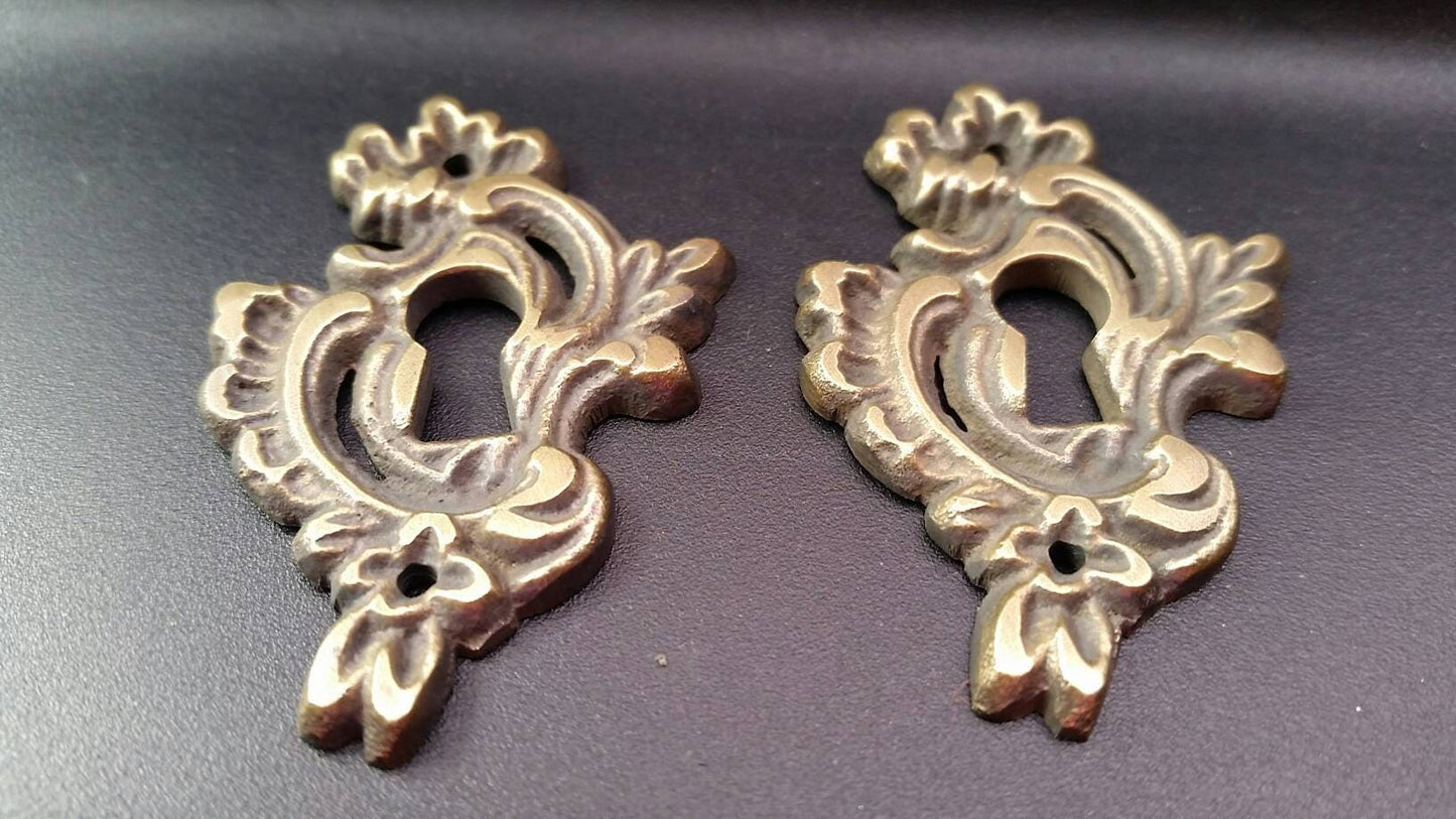 2 Small Antique French Brass Escutcheon Hardware Ornate Fancy Keyhole Cover Escutcheon, Louis XIV French Country, approx 1-1/4" wide #E15