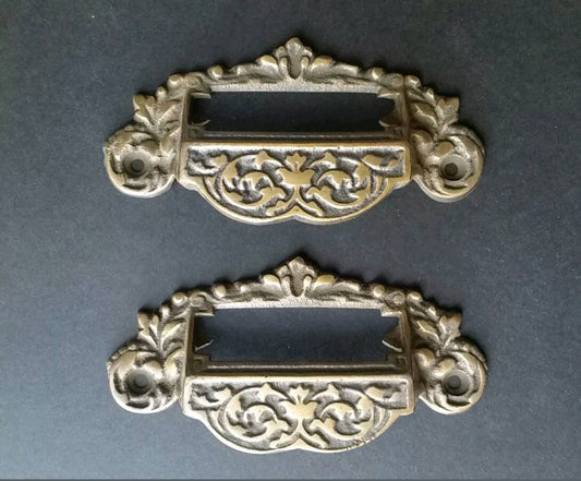 2 Vtg. Antique Victorian Style Solid Brass Victorian Apothecary Bin Pull Handles with Label File Holder Slot 3-3/4" centers (4-1/2" wide)#A7