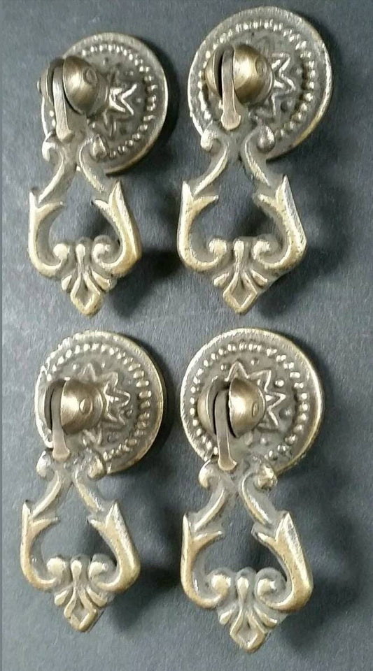 4 x Small Ornate Drop Ring Drawer Pulls Handles Hardware in Solid Brass with round Floral back Plate 2" overall.Unlaquered.#H8