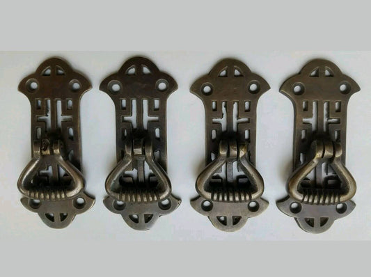 4 x Vertical Handles w. Ring Pull Chinese Chippendale Design Arts and Crafts 2 7/8" long #H20