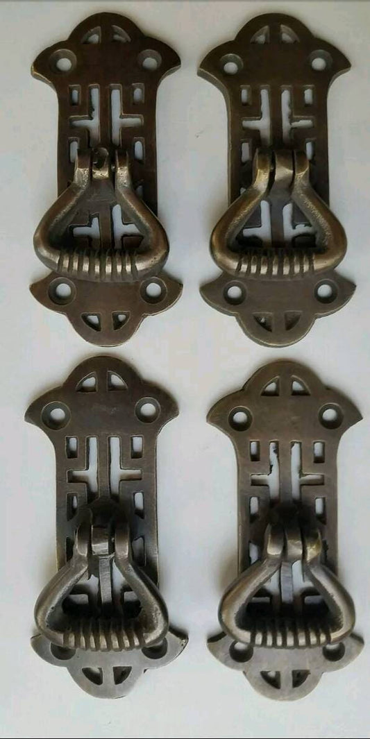 4 x Vertical Handles w. Ring Pull Chinese Chippendale Design Arts and Crafts 2 7/8" long #H20