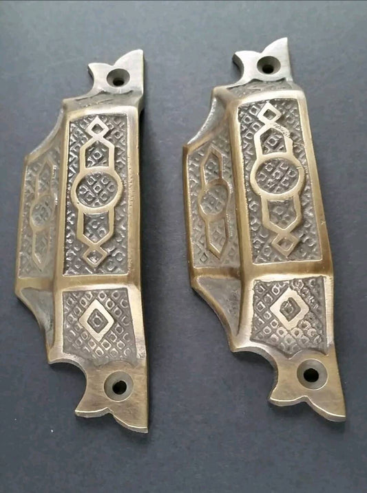 2 Antique Vintage Style Solid Brass Victorian Eastlake Apothecary Bin Pull Handles 4-9/16" wide (3-3/4" centers) #A6