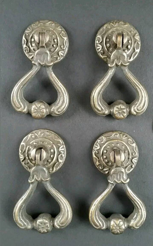 4 x Ornate Antiqued Brass Handles Pulls w Detailed Drop Ring Victorian, Classic, French Antique Vintage Style 2-1/4" long overall #H11