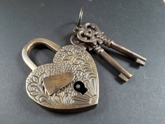 Heart Shaped Love Lock, Commitment Lock, Paris Bridge Lock, Valentine Lock with 2 Ornate Skeleton Keys Solid Quality Brass 3-3/4" tall #L7.