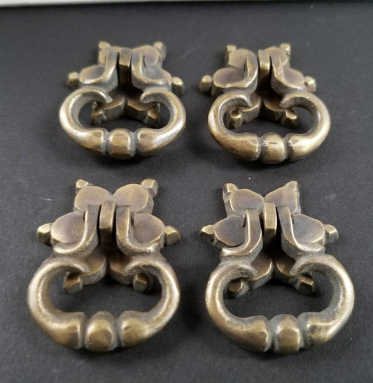 4 x Small Ornate Drop Ring Drawer Pulls Handles Hardware in Solid Brass with Star Floral back Plate #H14