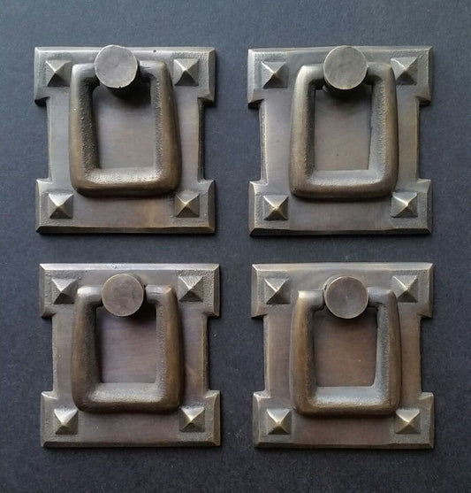 4 x Square Mission Stickley Antique Style Brass Handles Ring Pulls 2 1/8" #H38