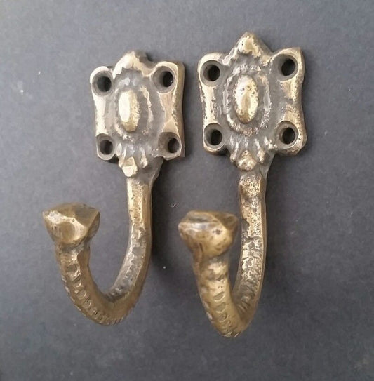 2 x Single Coat Hat Hooks Unique Antique Style Ornate Backplate 2-1/2" long.Unlaquered. #C4