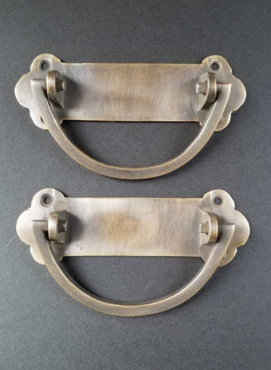 2 x Antique Style Solid Brass Dresser, Tool Chest, Trunk Handles, Pulls, Drop Handle, Trap Door, Toolbox 4-1/8" #P19